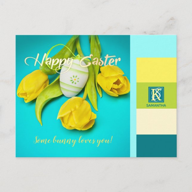 Colourful Easter Stripes Photo Monogram Holiday Postcard (Front)