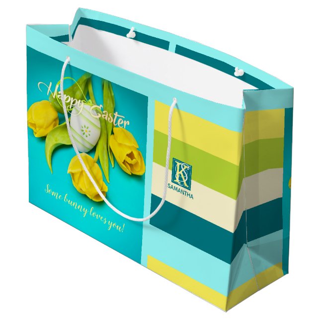 Colourful Easter Stripes Photo Monogram Large Gift Bag (Back Angled)
