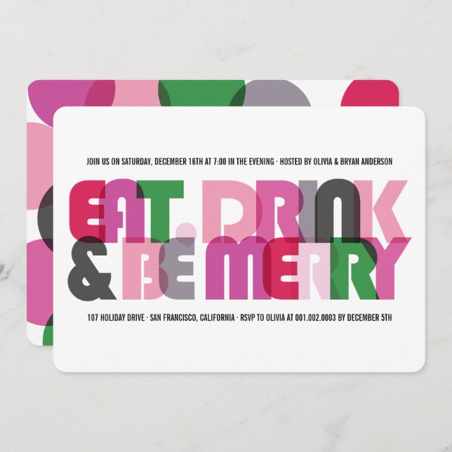Colourful Eat Drink & Be Merry Holiday Party Invit Invitation (Front/Back)
