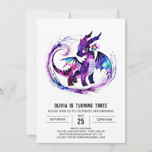 Colourful Editable Dragon Digital Girl Birthday Invitation