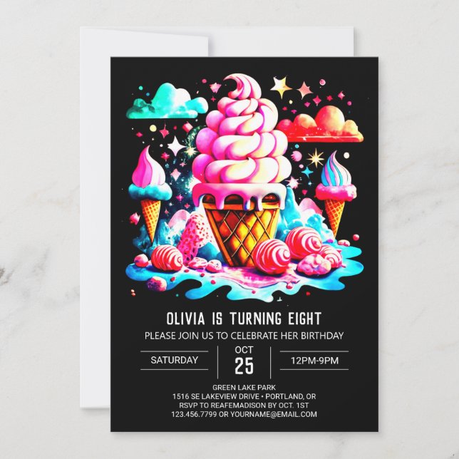 Colourful Editable Girly Ice Cream Girl Birthday Invitation (Front)