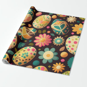 Colourful eggs and flowers Easter wrapping paper