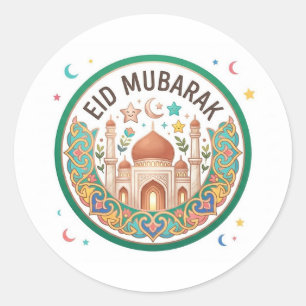 Colourful Eid Mubarak Islamic Art Emblem Classic Round Sticker