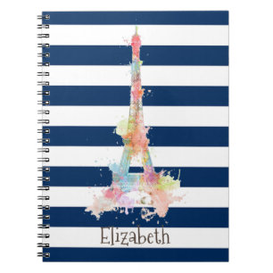 Colourful Eiffel Tower Navy Blue Stripes  Notebook