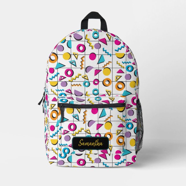Colourful Eighties 80's Retro Geometric Pattern Printed Backpack (Front)