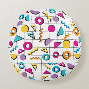 Colourful Eighties 80's Retro Geometric Pattern Round Cushion
