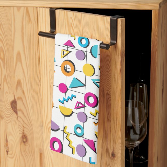 Colourful Eighties 80's Retro Geometric Pattern Tea Towel (Thirds Fold)