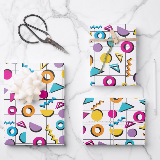 Colourful Eighties 80's Retro Geometric Pattern Wrapping Paper Sheet (Front)