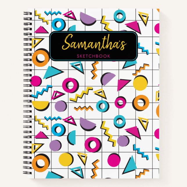 Colourful Eighties 80's Retro Geometric Sketchbook Notebook (Front)
