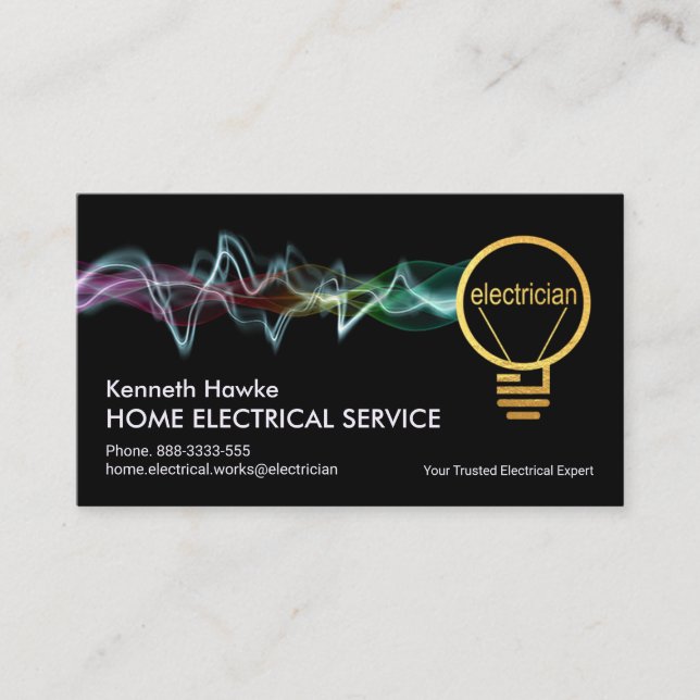 Colourful Electrical Charge Gold Electrician Bulb Business Card (Front)