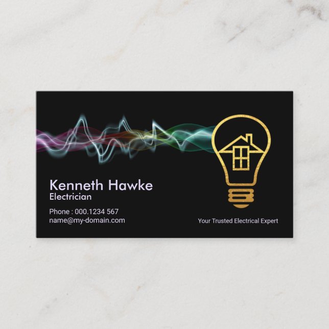 Colourful Electrical Charge Gold Home Bulb Business Card (Front)