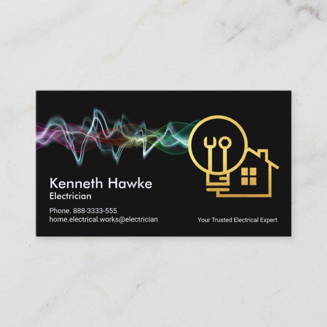 Colourful Electrical Charge Gold Home Bulb Spanner Business Card (Front)