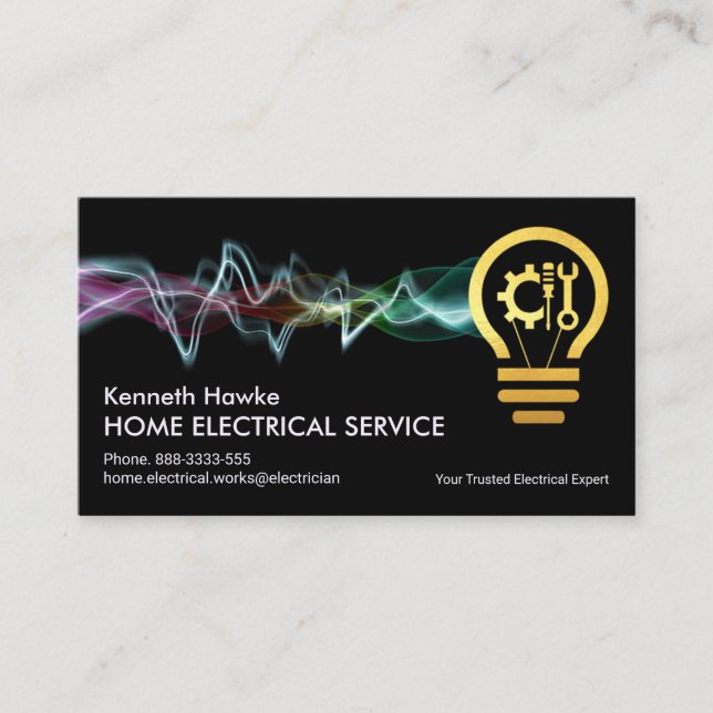 Colourful Electrical Lightning Charge Gold Bulb Business Card (Front)