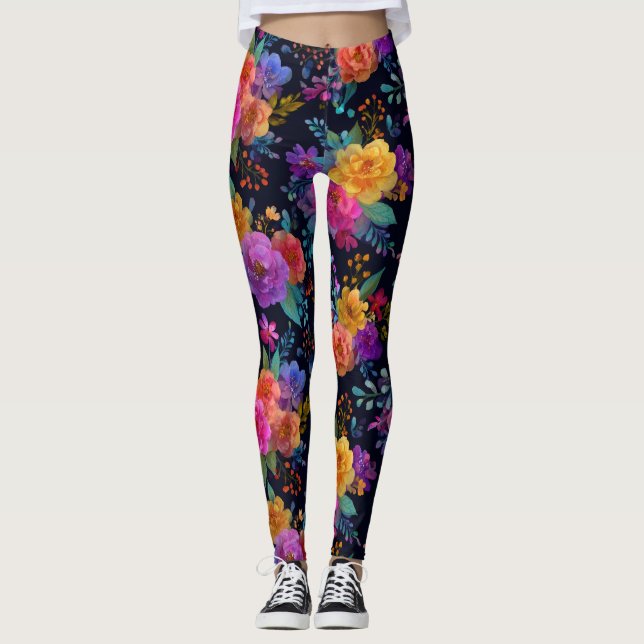 Colourful Elegant Flowers on Black Stylish Floral  Leggings (Front)
