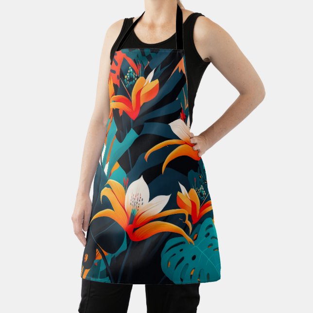 Colourful Elegant Tropical Leaves and Flowers | Apron (Insitu)