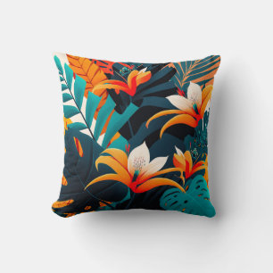 Colourful Elegant Tropical Leaves and Flowers Cushion
