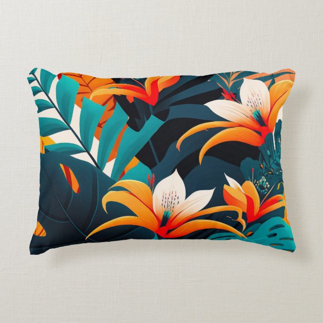 Colourful Elegant Tropical Leaves and Flowers | Decorative Cushion (Front)