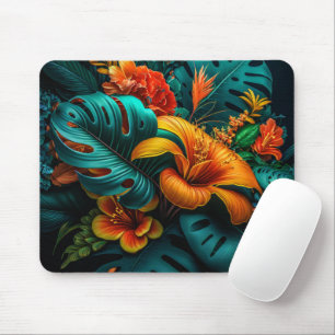 Colourful Elegant Tropical Leaves and Flowers Mouse Pad