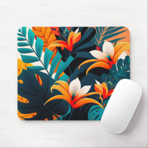 Colourful Elegant Tropical Leaves and Flowers Mouse Pad