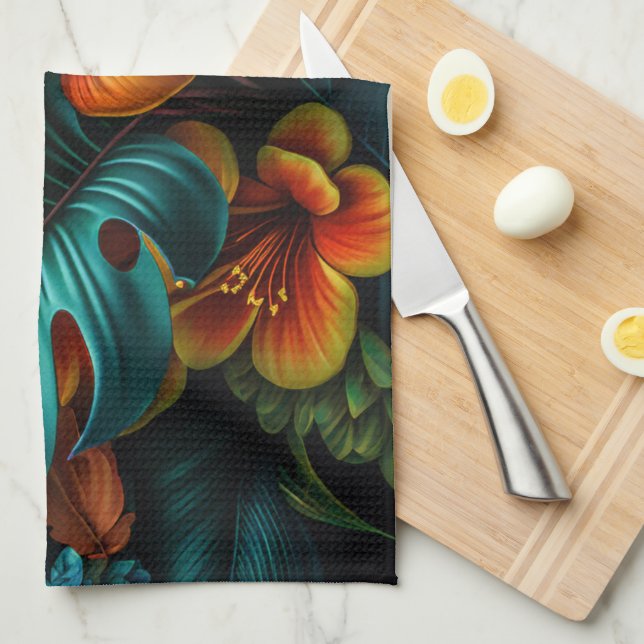 Colourful Elegant Tropical Leaves and Flowers | Tea Towel (Quarter Fold)