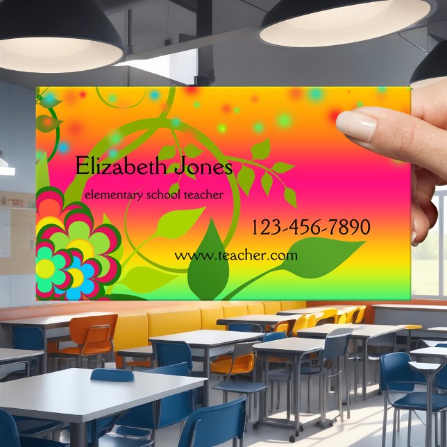 Colourful Elementary School Teacher Business Card (Business card featuring a colorful fun design with flowers and neon light sparkles - elementary)