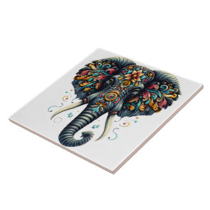 Colourful elephant adorned with intricate patterns ceramic tile