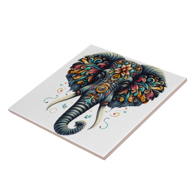 Colourful elephant adorned with intricate patterns ceramic tile (Side)