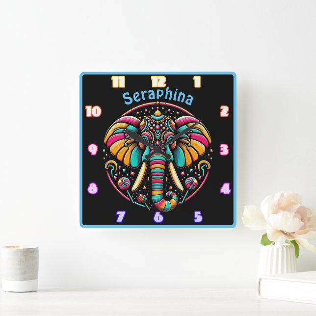 Colourful elephant adorned with vibrant decoration square wall clock (Home)