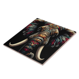 Colourful elephant art with detailed patterns ceramic tile