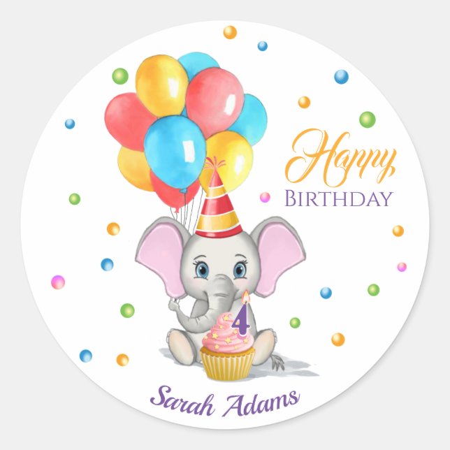 Colourful Elephant Cartoon Kids Birthday Classic R Classic Round Sticker (Front)