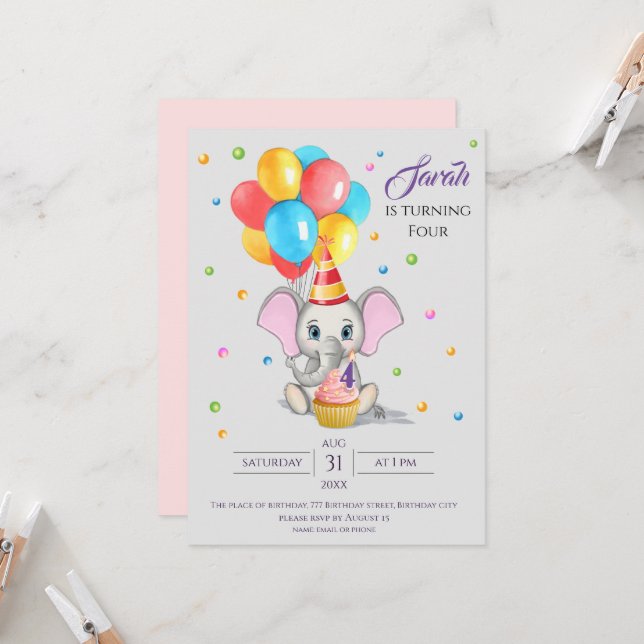 Colourful Elephant Cartoon Kids Birthday Invitatio Invitation (Front/Back In Situ)