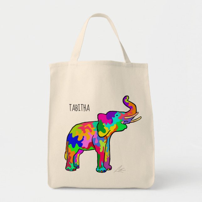 Colourful Elephant Hand-Painted Modern Art Tote Bag (Front)