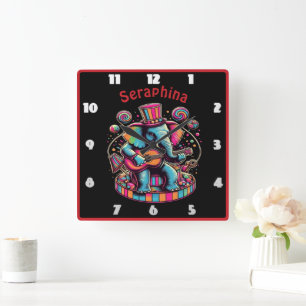 Colourful elephant strumming guitar at circus square wall clock