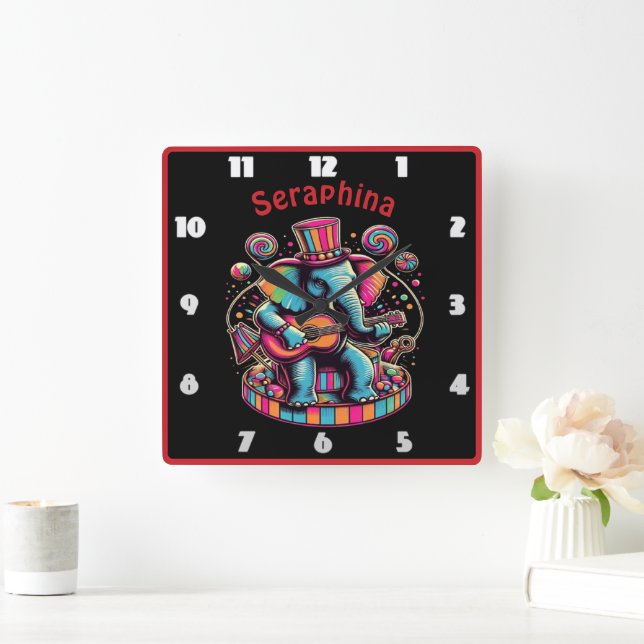Colourful elephant strumming guitar at circus square wall clock (Home)