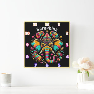 Colourful elephant with candy decor square wall clock