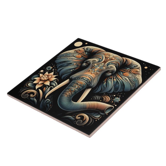 Colourful elephant with floral designs ceramic tile (Side)