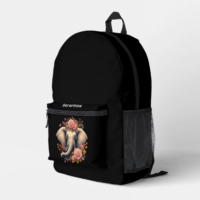 Colourful elephant with floral designs printed backpack (Back Corner Right)