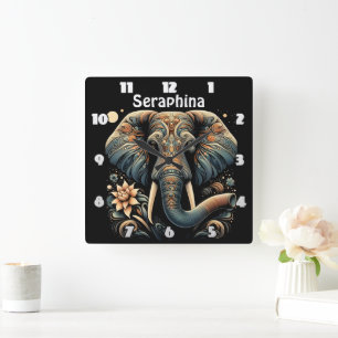 Colourful elephant with floral designs square wall clock