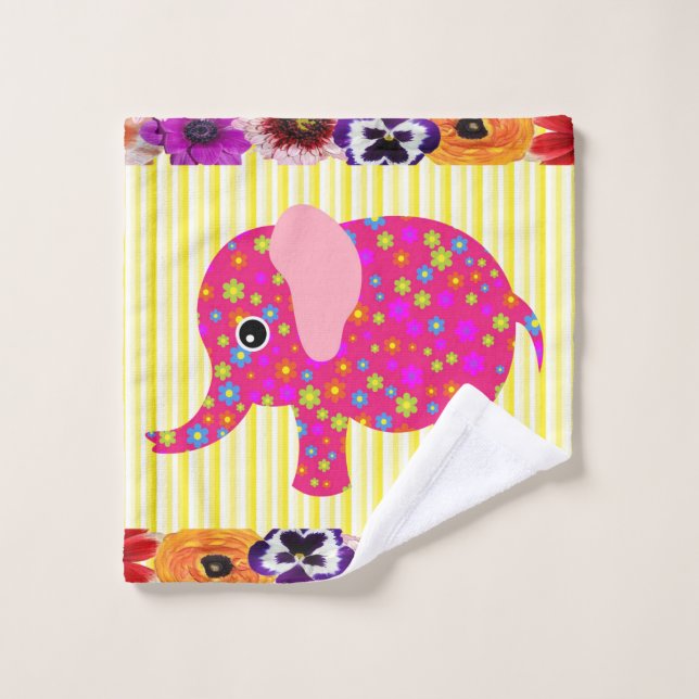 Colourful Elephant Yellow StripeBathroom Towel Set (Wash Cloth)
