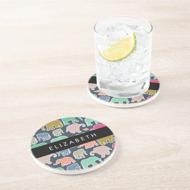Colourful Elephants, Elephant Pattern, Your Name Coaster (Side)