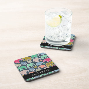 Colourful Elephants, Elephant Pattern, Your Name Coaster