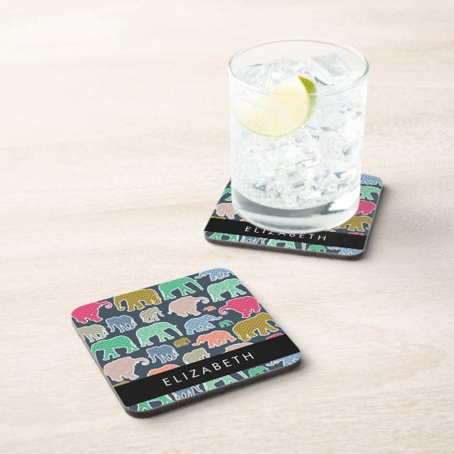 Colourful Elephants, Elephant Pattern, Your Name Coaster (Right Side)