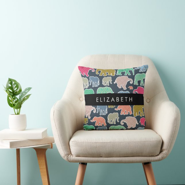 Colourful Elephants, Elephant Pattern, Your Name Cushion (Chair)