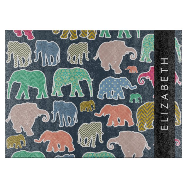Colourful Elephants, Elephant Pattern, Your Name Cutting Board (Front)