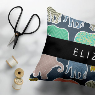 Colourful Elephants, Elephant Pattern, Your Name Decorative Cushion