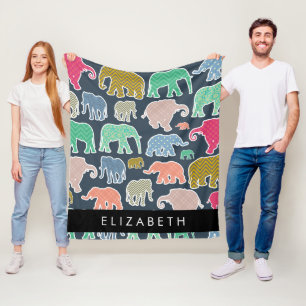 Colourful Elephants, Elephant Pattern, Your Name Fleece Blanket