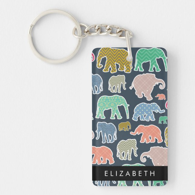 Colourful Elephants, Elephant Pattern, Your Name Key Ring (Front)