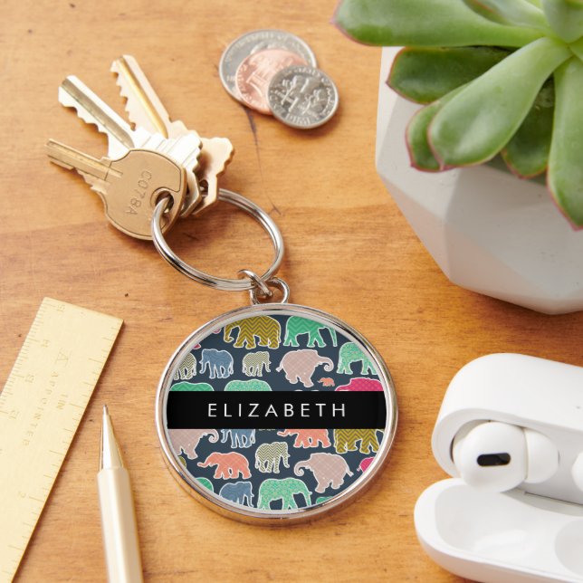 Colourful Elephants, Elephant Pattern, Your Name Key Ring (Desk)