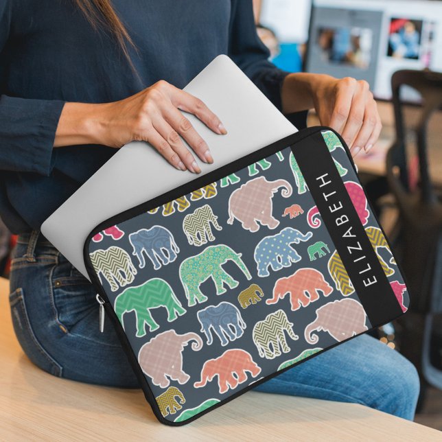 Colourful Elephants, Elephant Pattern, Your Name Laptop Sleeve (Creator Uploaded)