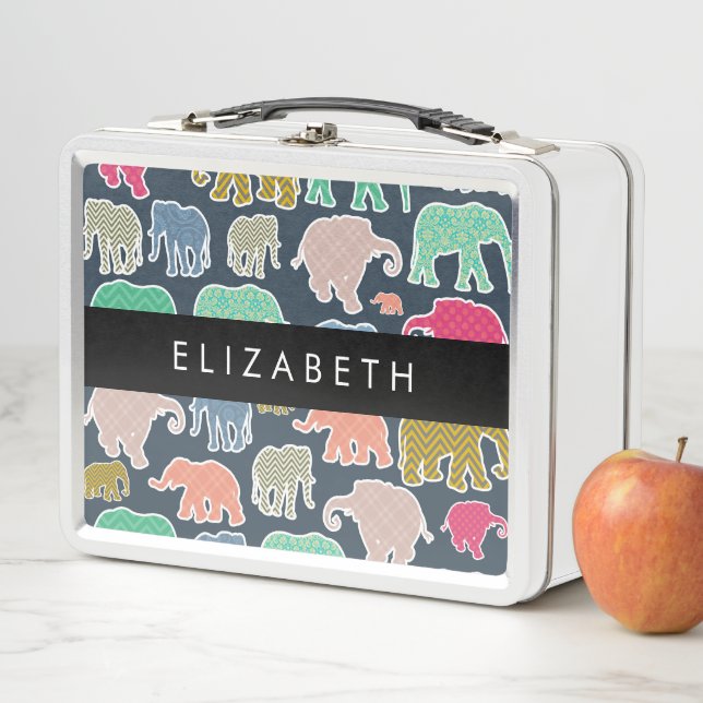 Colourful Elephants, Elephant Pattern, Your Name Metal Lunch Box (In Situ)